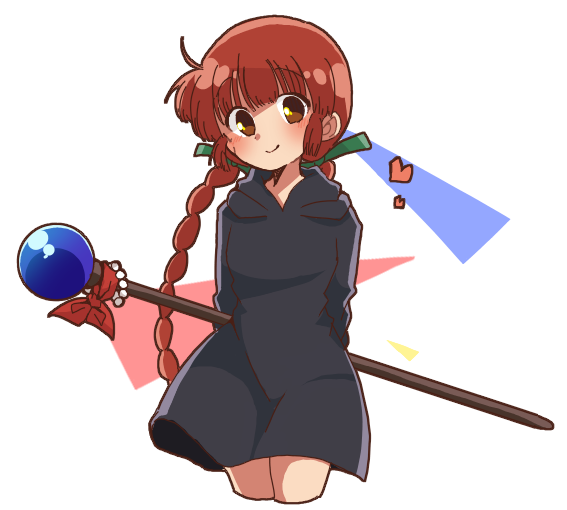 1girl, bangs, black_robe, braid, brown_eyes, brown_hair, heart, holding, holding_staff, kukuri, looking_at_viewer, mahoujin_guruguru, mikuzu_4869, simple_background, smile, solo, staff, standing, twintails, white_background