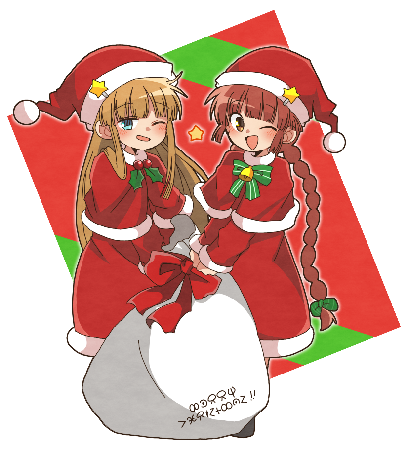2girls, ;d, bangs, bell, blue_eyes, blunt_bangs, bow, braid, brown_eyes, brown_hair, green_bow, hat, hat_ornament, holding, holding_sack, holly, juju_coo_shnamur, kukuri, long_hair, looking_at_viewer, mahoujin_guruguru, mikuzu_4869, multiple_girls, one_eye_closed, open_mouth, red_bow, sack, santa_costume, santa_hat, sidelocks, simple_background, smile, star