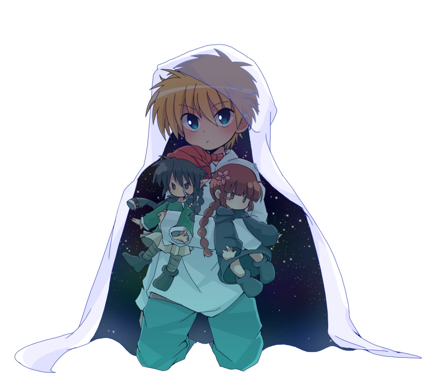 1boy, blonde_hair, blue_eyes, blue_pants, cape, character_doll, doll, flower