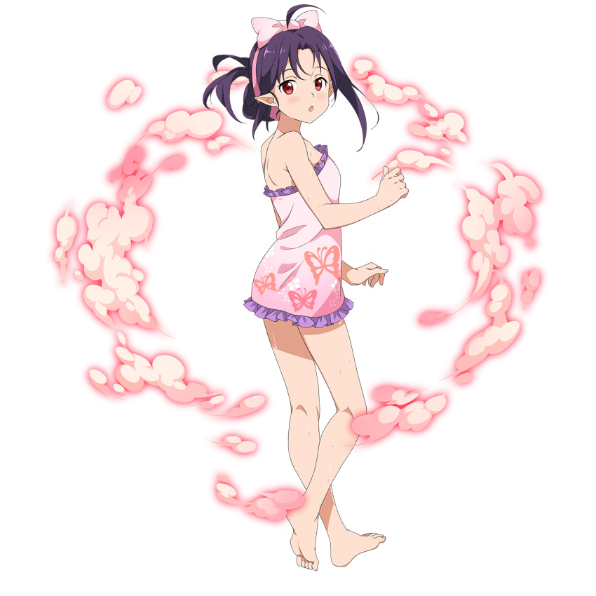 1girl, :o, ahoge, animal_print, barefoot, blush, bow, breasts