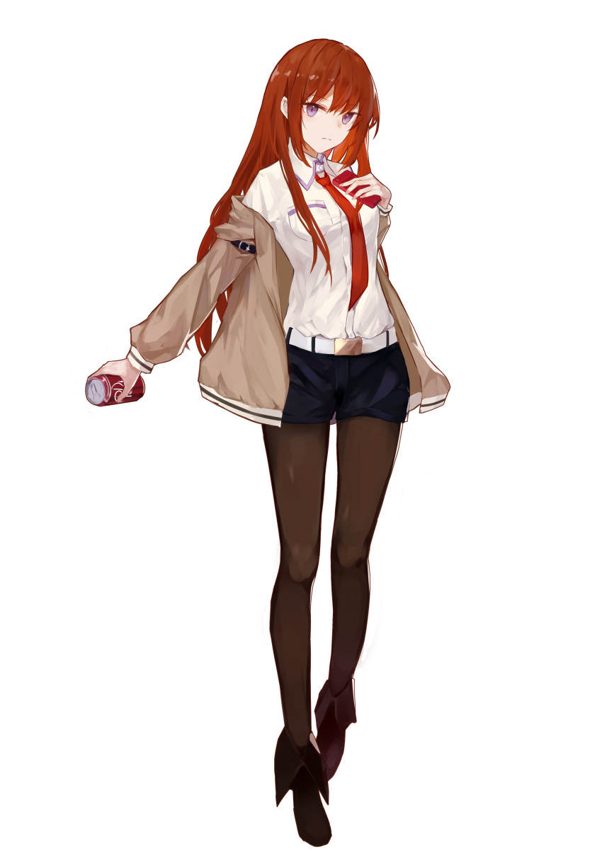 1girl, absurdres, bangs, belt, black_footwear, black_legwear, black_shorts, brown_hair, can, cellphone, closed_mouth, collared_shirt, dress_shirt, eyebrows_visible_through_hair, full_body, highres, holding, holding_can, holding_phone, legwear_under_shorts, long_hair, long_sleeves, looking_at_viewer, lunaplum, makise_kurisu, necktie, pantyhose, phone, red_neckwear, shiny, shiny_hair, shiny_legwear, shirt, short_shorts, shorts, simple_background, smartphone, solo, standing, steins;gate, straight_hair, very_long_hair, violet_eyes, white_background, white_belt, white_shirt, wing_collar