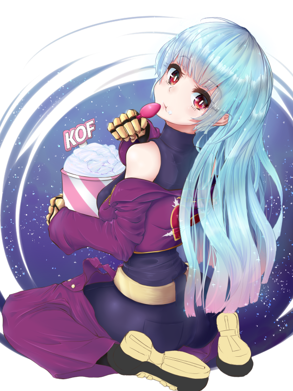1girl, belt, blue_hair, bodysuit, breasts, candy, chaps, closed_mouth