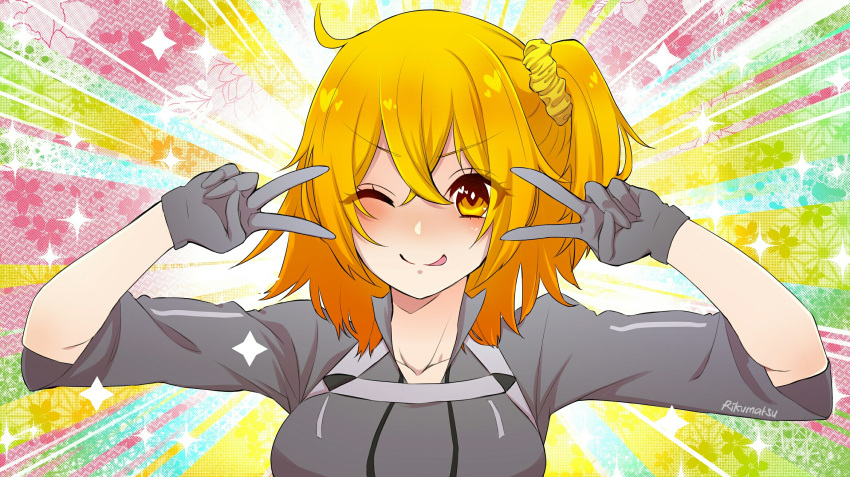 1girl, ahoge, bangs, black_gloves, black_jacket, blush, breasts, closed_mouth