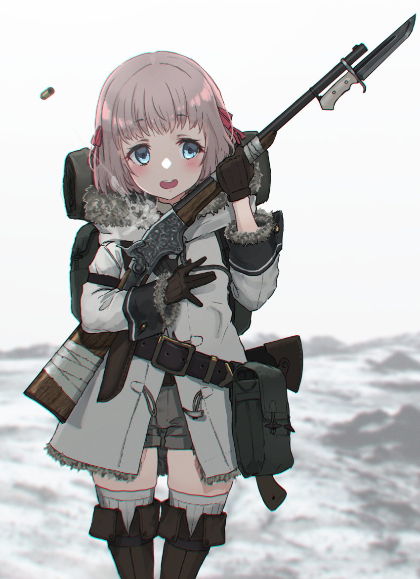 1girl, absurdres, antique_firearm, backpack, bag, bayonet, belt, blue_eyes