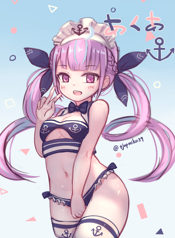 1girl, ahoge, alternate_costume, bangs, bare_arms, bare_shoulders, bikini, blush, braid, breasts, commentary, cowboy_shot, eyebrows_visible_through_hair, french_braid, hair_ribbon, hikari_(meng_yin_7), hololive, maid_headdress, medium_breasts, minato_aqua, multicolored_hair, navel, open_mouth, purple_hair, purple_ribbon, ribbon, smile, solo, standing, stomach, streaked_hair, swimsuit, thigh-highs, twintails, twitter_username, under_boob, underboob_cutout, v, violet_eyes, virtual_youtuber, white_legwear