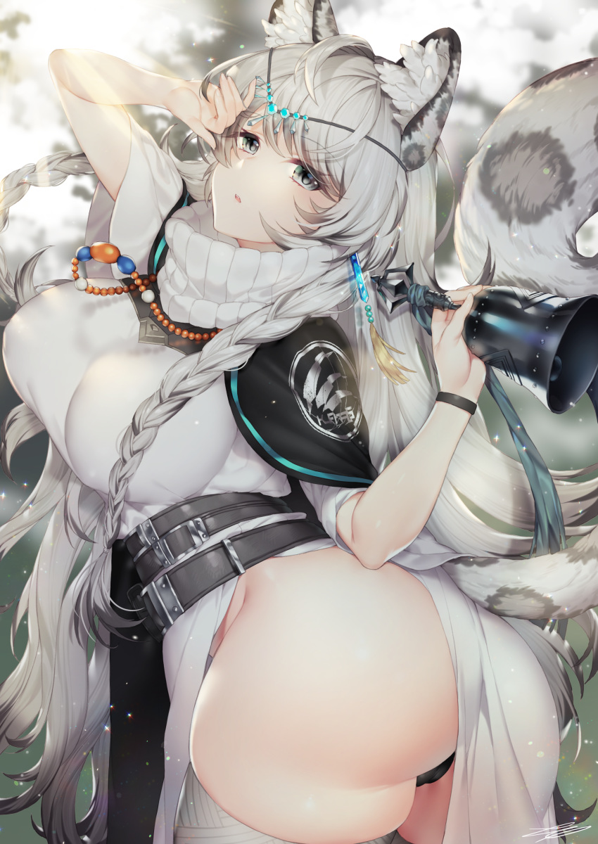 1girl, absurdres, animal_ear_fluff, animal_ears, arknights, arm_up, ass, bangs