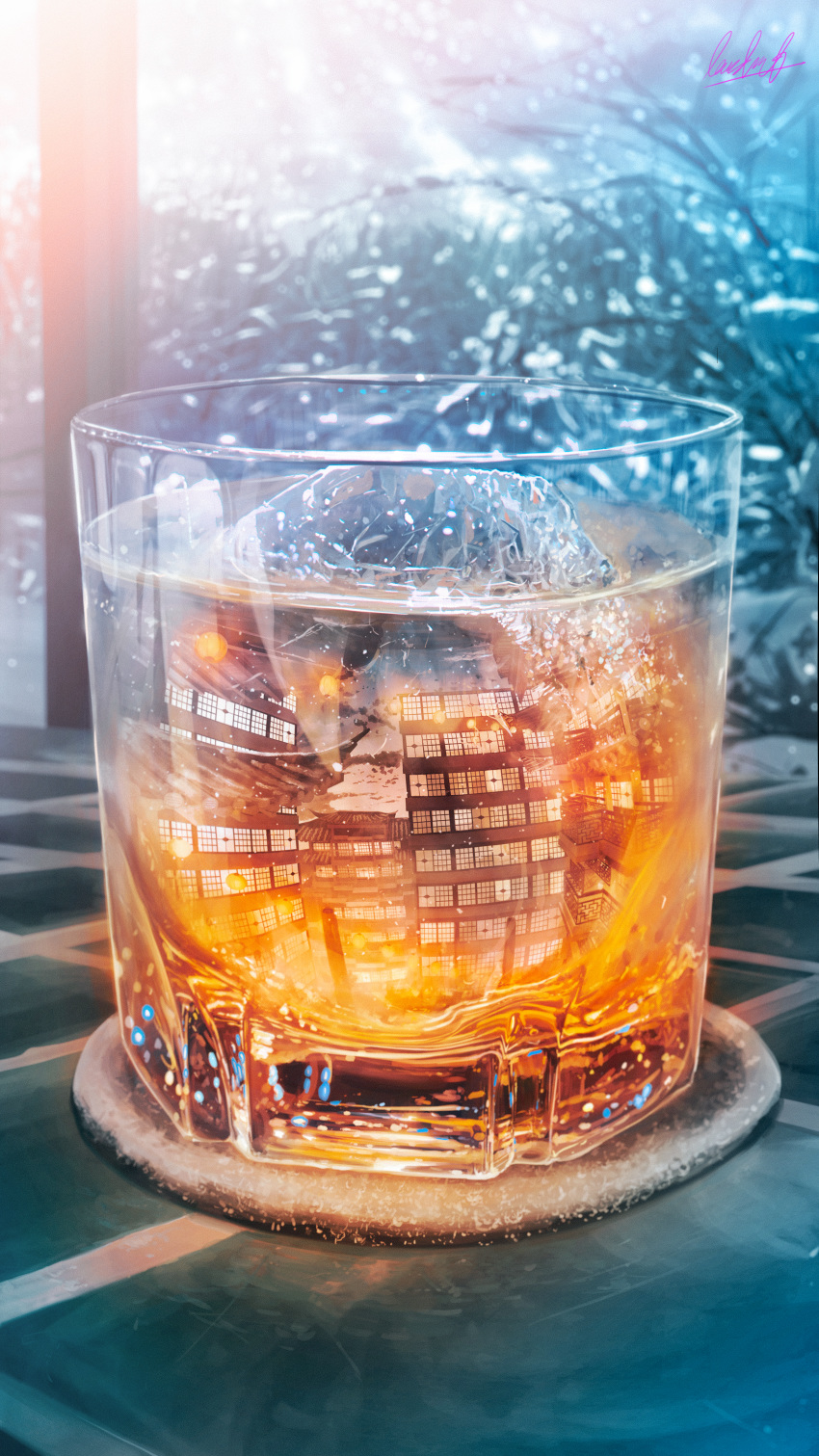absurdres, banishment, bare_tree, blurry, blurry_background, commentary_request, cup, depth_of_field