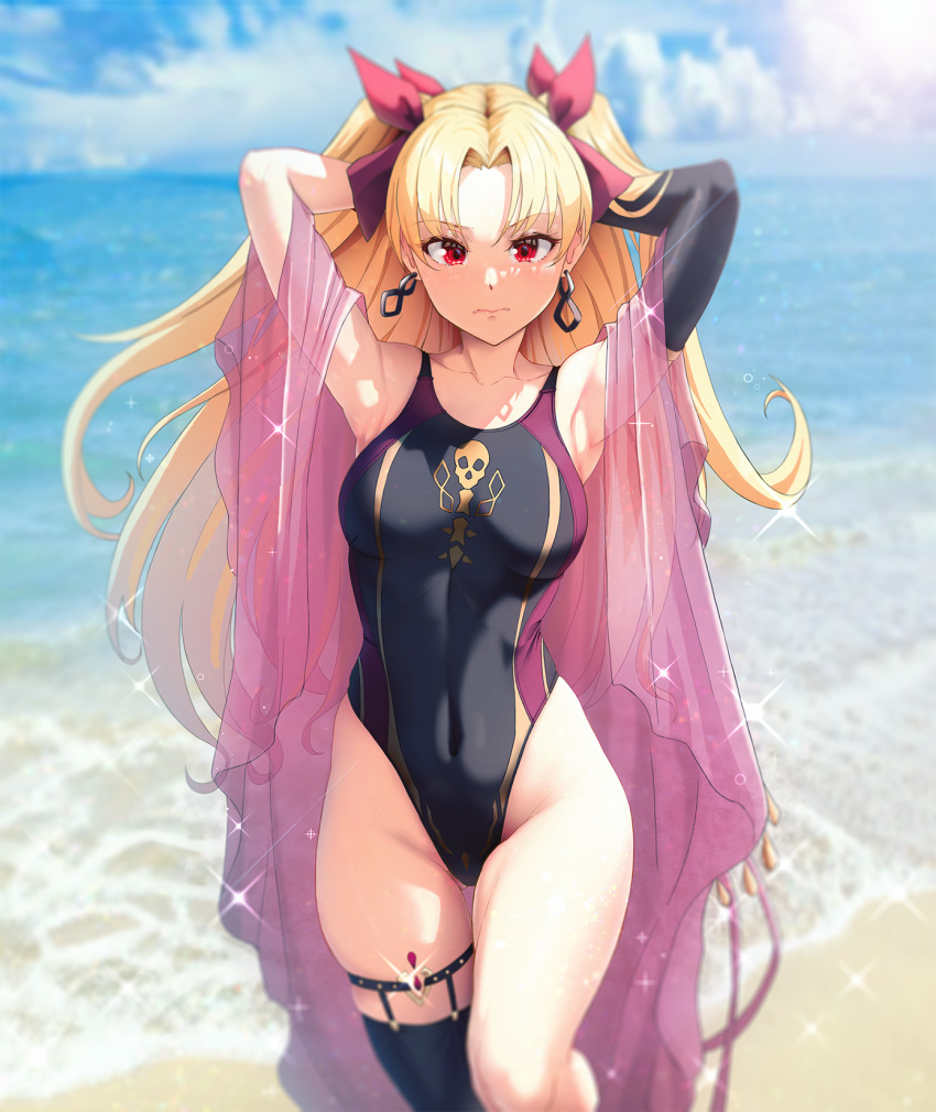 1girl, armpits, arms_behind_head, arms_up, bangs, bare_shoulders, beach, black_legwear