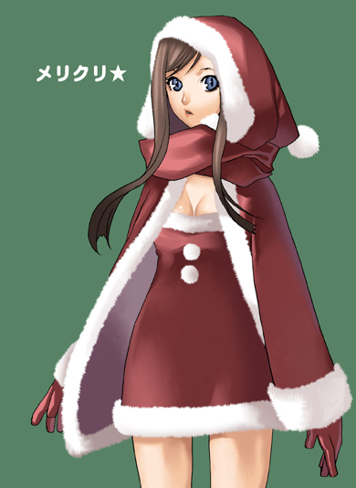 blue_eyes, brown_hair, cape, christmas, gloves, hidematsu_(fsc), original, santa_costume