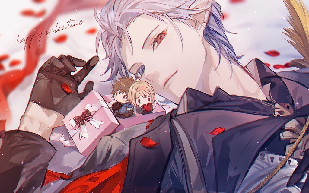 1boy, alternate_costume, alternate_hairstyle, blue_eyes, chibi, djeeta_(granblue_fantasy), gift, gloves, gran_(granblue_fantasy), granblue_fantasy, grimnir, half_gloves, heterochromia, looking_at_viewer, male_focus, open_mouth, pointy_ears, red_eyes, rilmok, short_hair, silver_hair, smile, valentine