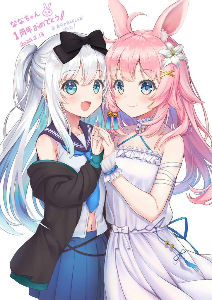 2girls, animal_ear_fluff, animal_ears, ayana_nana, bangs, black_bow, blue_eyes, bow