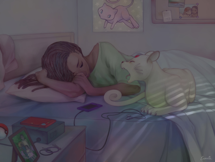 1girl, bed, bed_sheet, bedroom, black_hair, bobby_pin, brown_hair, bulletin_board