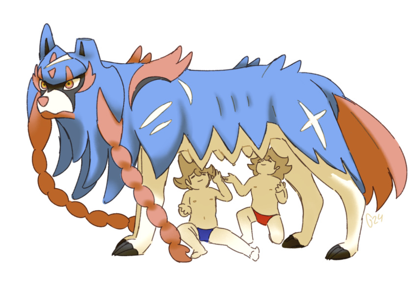 2boys, breast_feeding, brown_eyes, brown_hair, claws, closed_eyes, commentary, creature, dog_focus, english_commentary, fine_art_parody, full_body, gen_8_pokemon, la_lupa_capitolina, legendary_pokemon, multiple_boys, mythology, parody, pinkgermy, pokemon, pokemon_(creature), shildy_(pokemon), sitting, spiky_hair, standing, swod_(pokemon), zacian