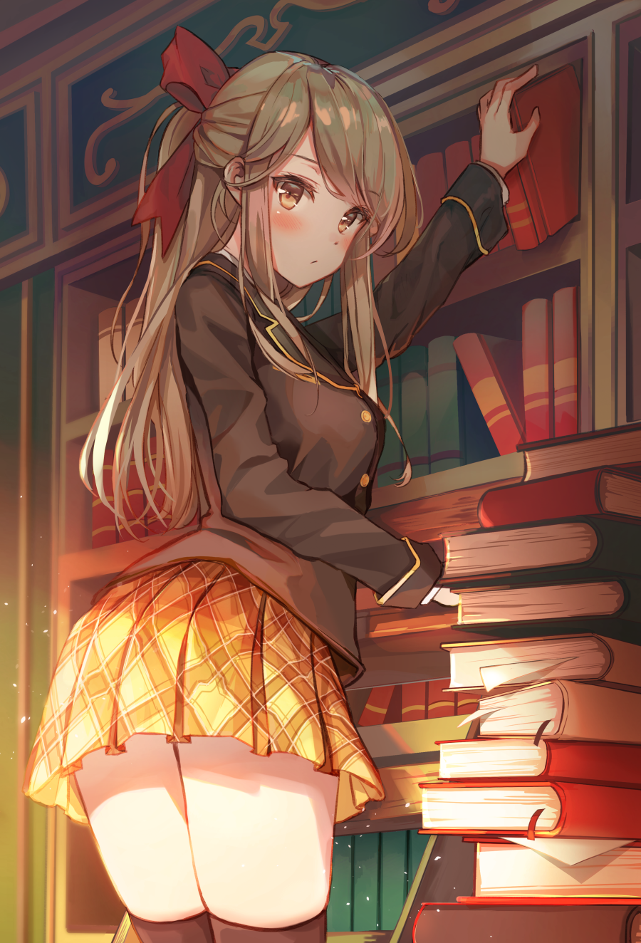 1girl, book, bookshelf, eyebrows_visible_through_hair, hair_ribbon, half_updo, highres, kneehighs