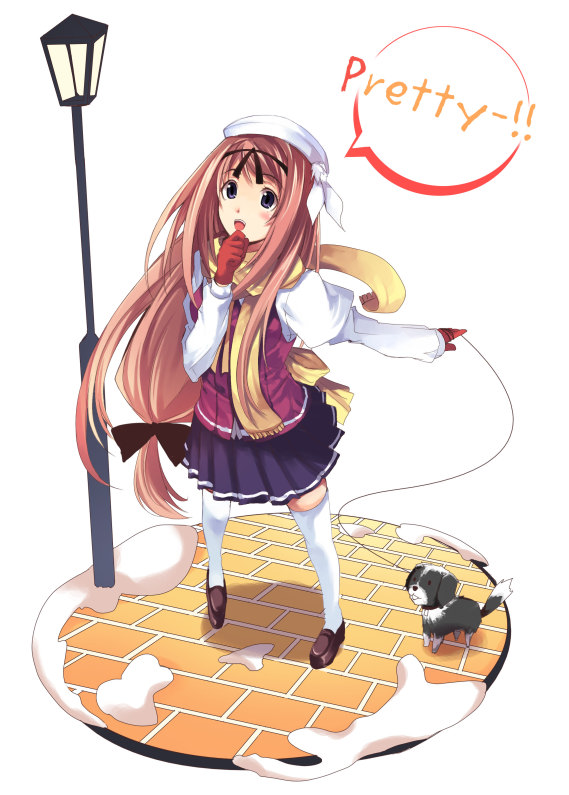 1girl, bow, brown_hair, dog, hamayumiba_sou, lamp, lamppost, outdoors