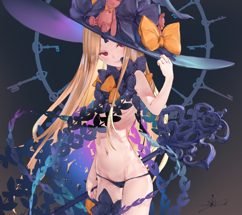 1girl, abigail_williams_(fate/grand_order), bangs, bare_shoulders, black_bow, black_headwear, black_panties, blonde_hair