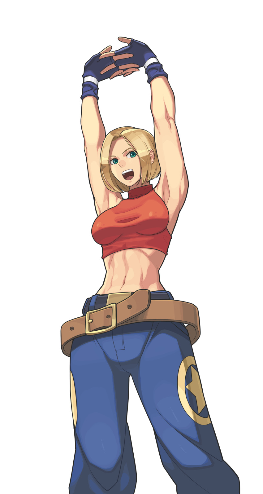 1girl, abs, absurdres, baggy_pants, baka_guruo, belt, blonde_hair, blue_eyes, blue_mary, breasts, commentary_request, crop_top, denim, fatal_fury, fingerless_gloves, gloves, highres, looking_at_viewer, loose_belt, midriff, muscle, navel, pants, short_hair, smile, solo, the_king_of_fighters, transparent_background