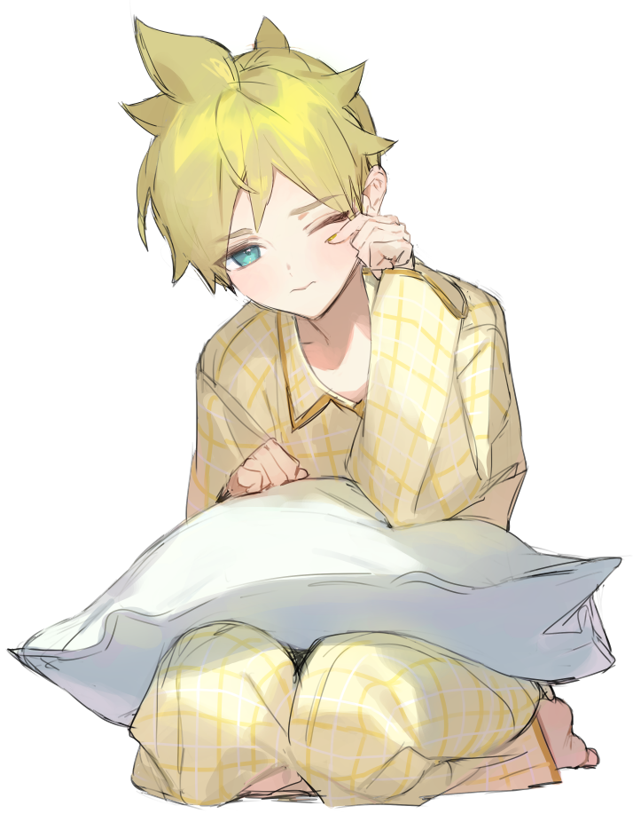 1boy, aqua_eyes, blonde_hair, closed_mouth, full_body, half-closed_eyes, hands_up, holding