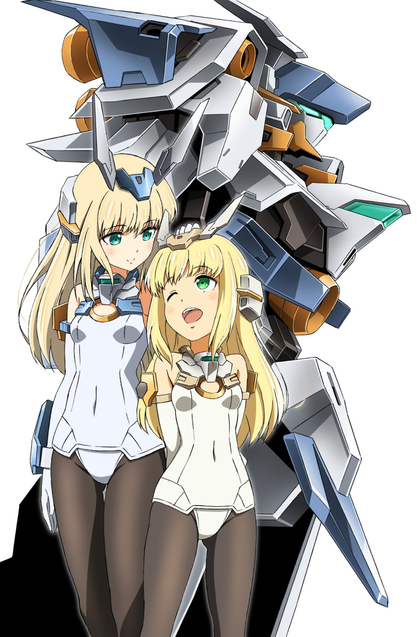 2girls, ;d, bare_shoulders, baselard, baselard_(frame_arms), black_legwear, blonde_hair, breasts