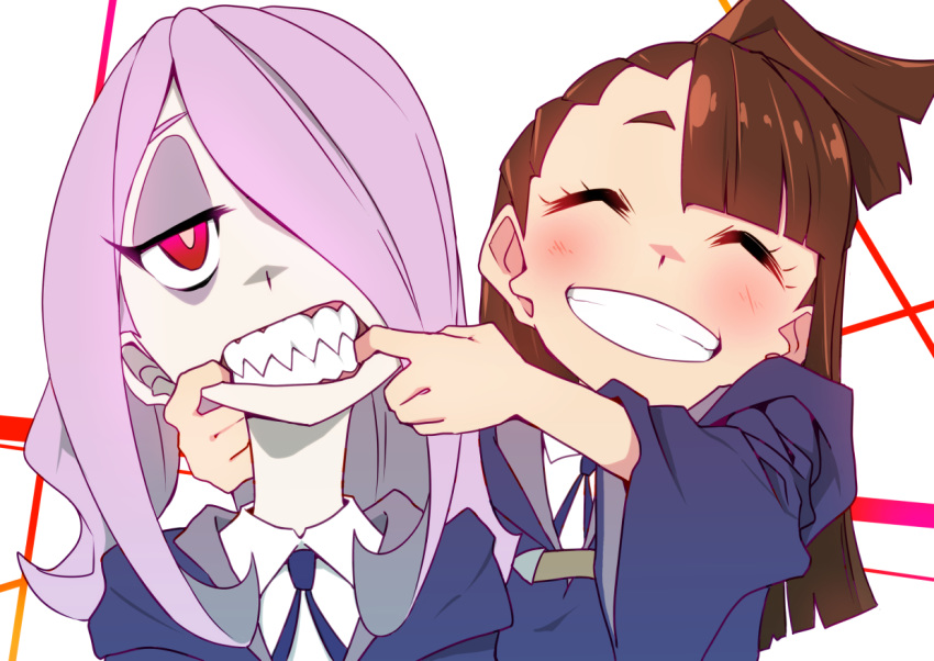 2girls, bangs, blue_neckwear, blunt_bangs, brown_hair, closed_eyes, collar, commentary_request, eyeshadow, fingersmile, forced_smile, hair_over_one_eye, half-closed_eyes, kagari_atsuko, kou_eno, little_witch_academia, long_hair, luna_nova_school_uniform, makeup, multiple_girls, purple_hair, red_eyes, school_uniform, sharp_teeth, smile, sucy_manbavaran, teeth, upper_body, white_background, wide_sleeves