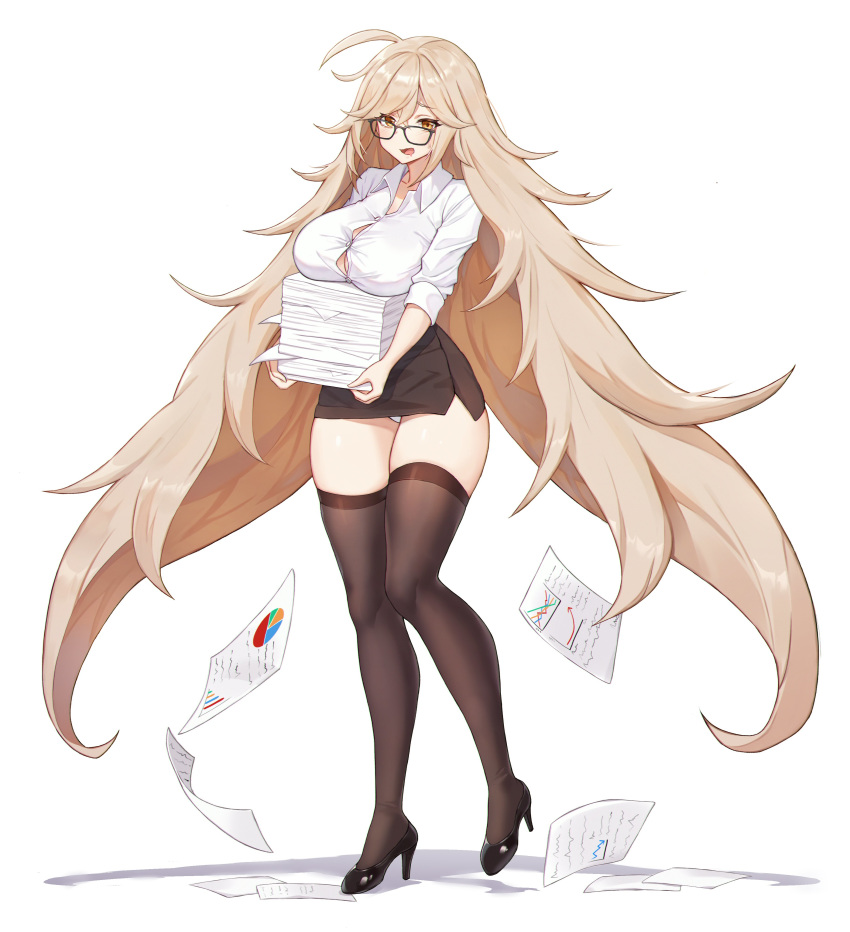 1girl, absurdres, ahoge, black-framed_eyewear, black_footwear, black_legwear, black_skirt, blonde_hair