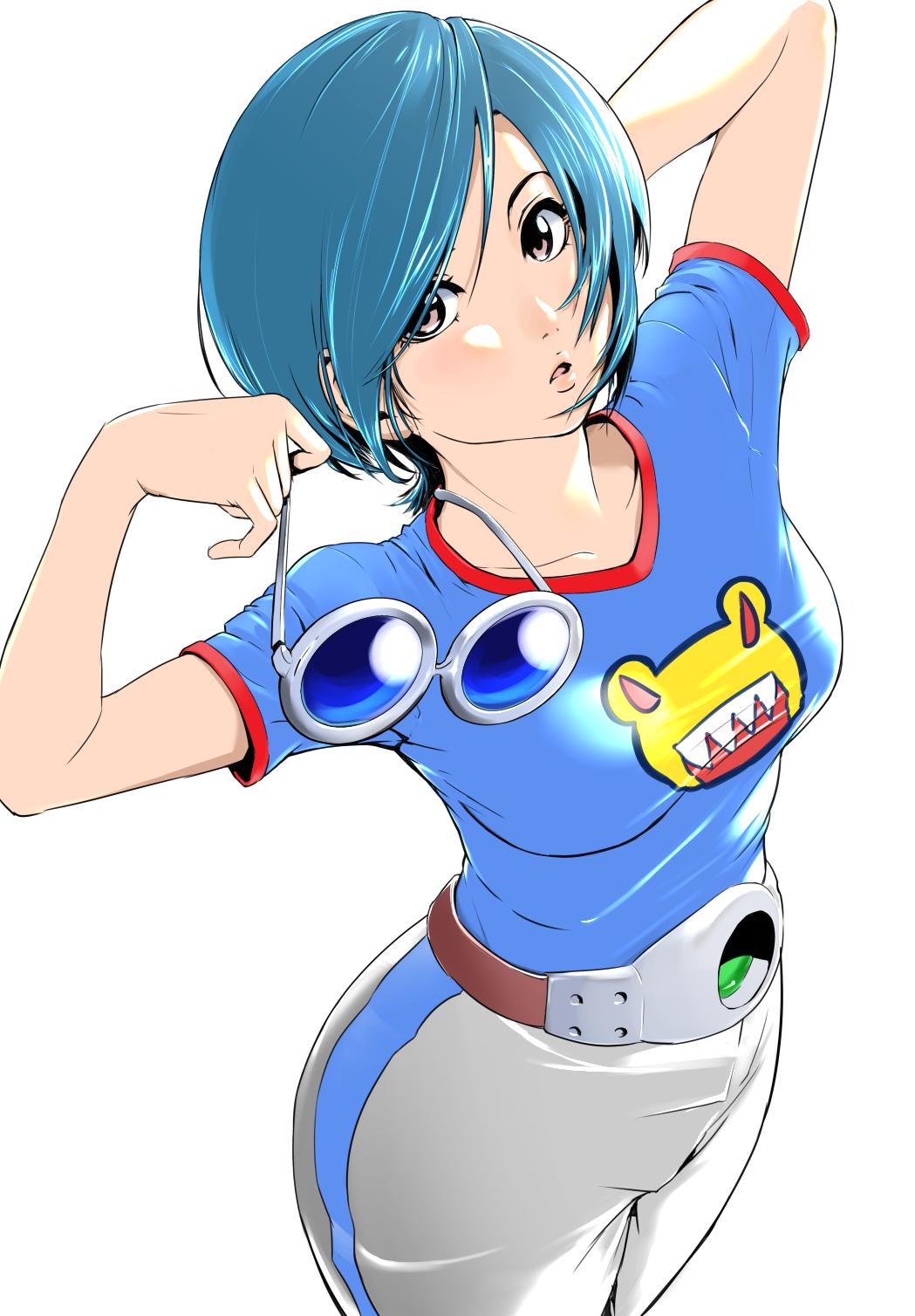 1girl, animal_print, belt, blue_hair, breasts, frog_print, hand_in_hair, highres