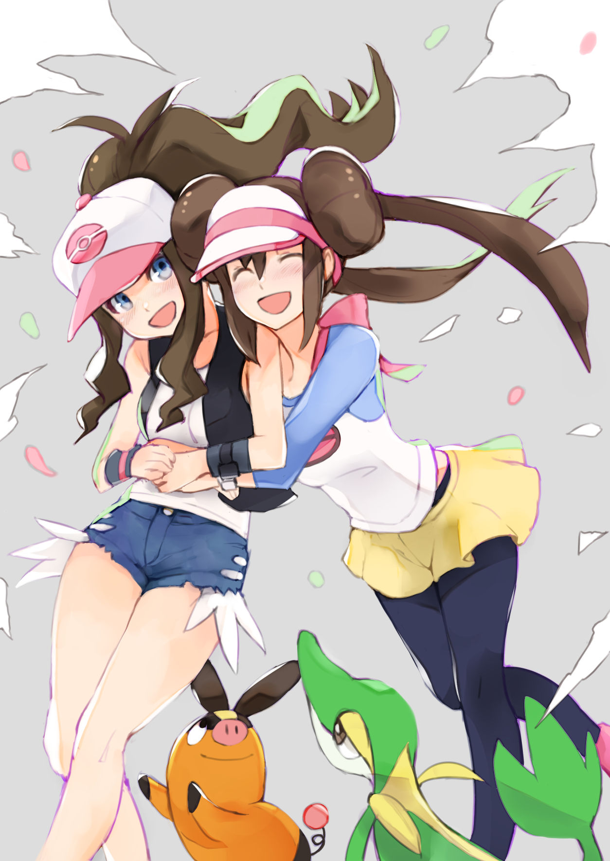 2girls, bana_(stand_flower), baseball_cap, black_legwear, blue_eyes, blush, bow, breasts
