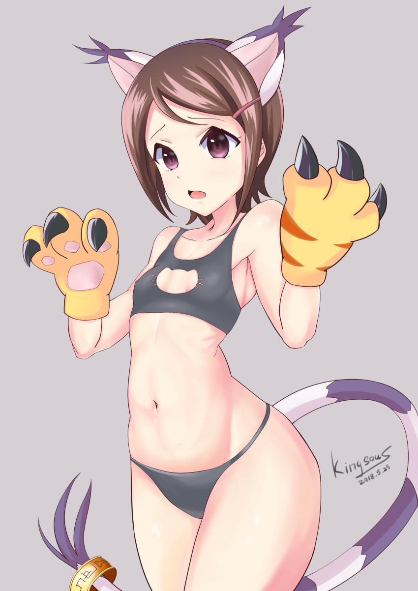 1girl, absurdres, brown_eyes, brown_hair, cleavage_cutout, cosplay, digimon, digimon_adventure, gloves, hair_ornament, hairclip, highres, king_sou_s, looking_at_viewer, open_mouth, panties, short_hair, simple_background, solo, tailmon, tailmon_(cosplay), underwear, yagami_hikari