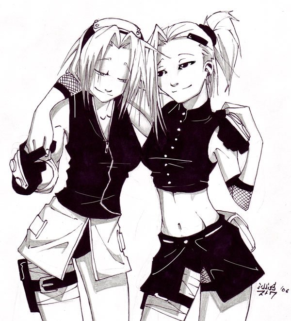 haruno_sakura, hug, mike_nesbitt, monochrome, multiple_girls, naruto, vashperado, yamanaka_ino