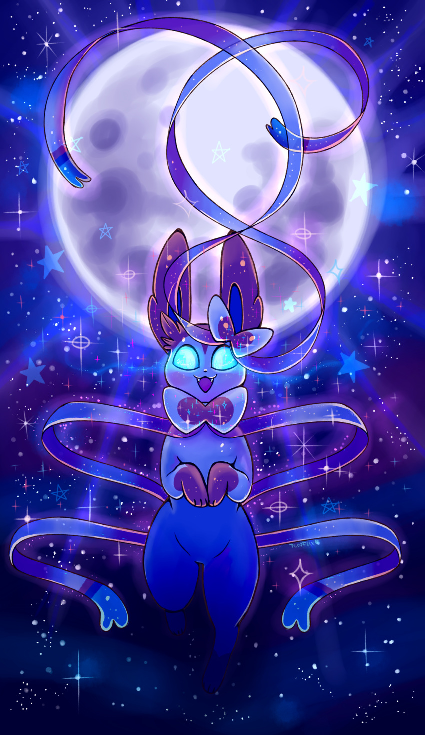 :d, blank_eyes, blue_eyes, commentary, creature, energy, english_commentary, floating