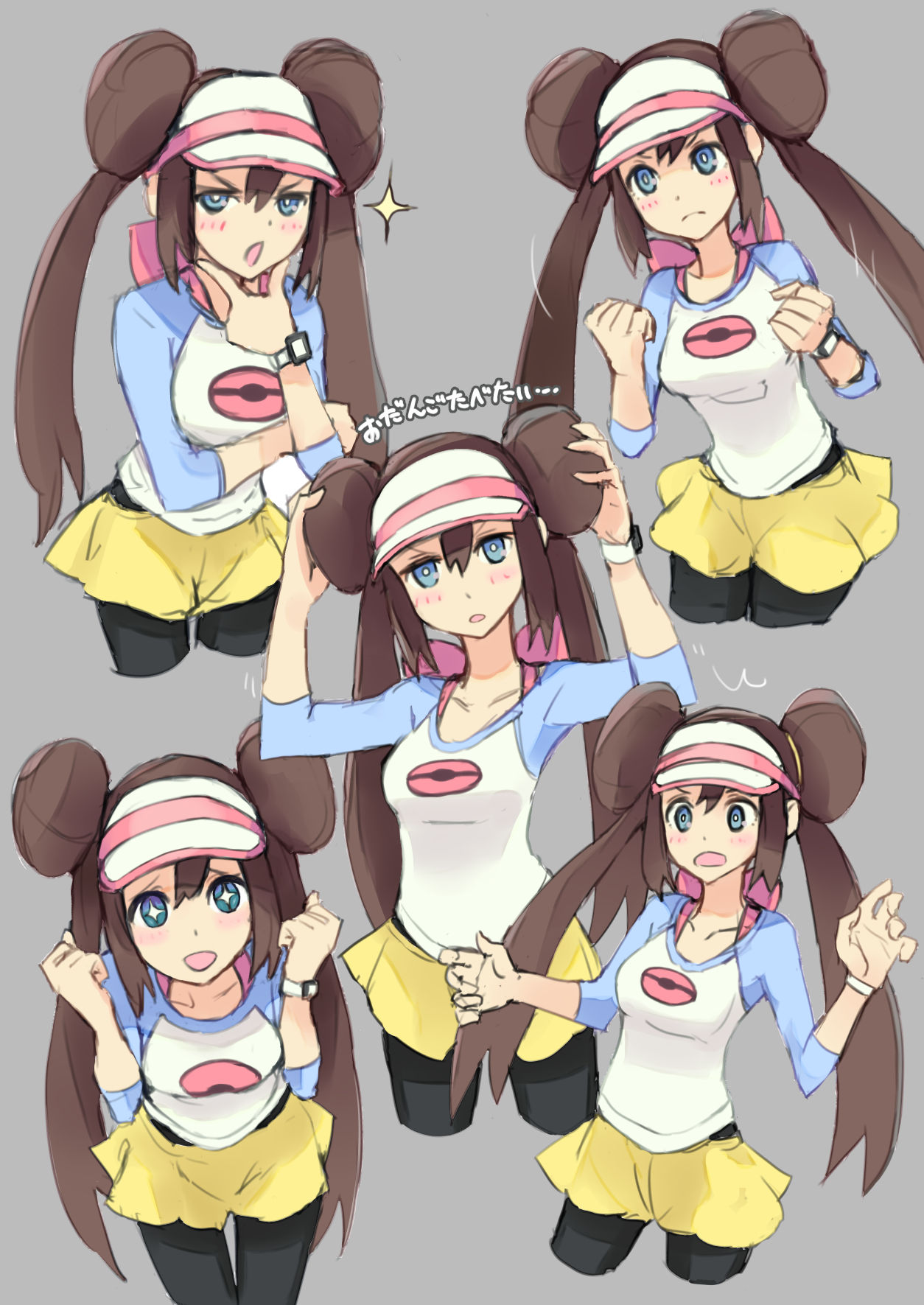 1girl, bana_(stand_flower), black_legwear, blue_eyes, blush, breasts, brown_hair, closed_mouth