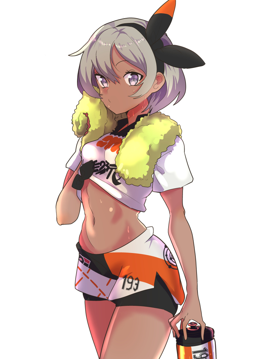 1girl, absurdres, black_hairband, bottle, breasts, commentary, dark_skin, delrah, grey_hair, gym_leader, hairband, highres, looking_at_viewer, navel, pokemon, pokemon_(game), pokemon_swsh, saitou_(pokemon), short_hair, short_shorts, short_sleeves, shorts, small_breasts, solo, standing, sweat, towel, water_bottle, white_background, white_legwear