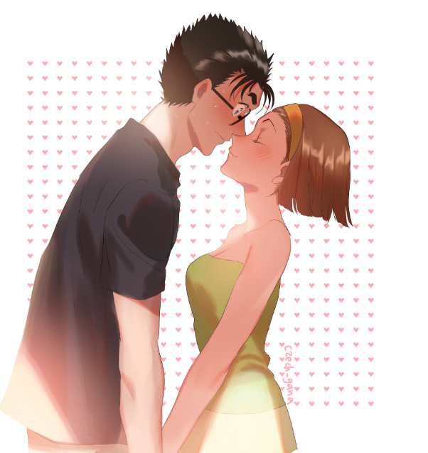 1boy, 1girl, black-framed_eyewear, black_hair, black_shirt, blue_eyes, blush, brown_hair, closed_eyes, closed_mouth, couple, czech_gana, embarrassed, glasses, hairband, heart, hetero, kyougoku_makoto, meitantei_conan, shiny, shiny_hair, shirt, short_hair, short_sleeves, sleeveless, smile, spiky_hair, striped, suzuki_sonoko, waiting_for_kiss, white_background, yellow_hairband