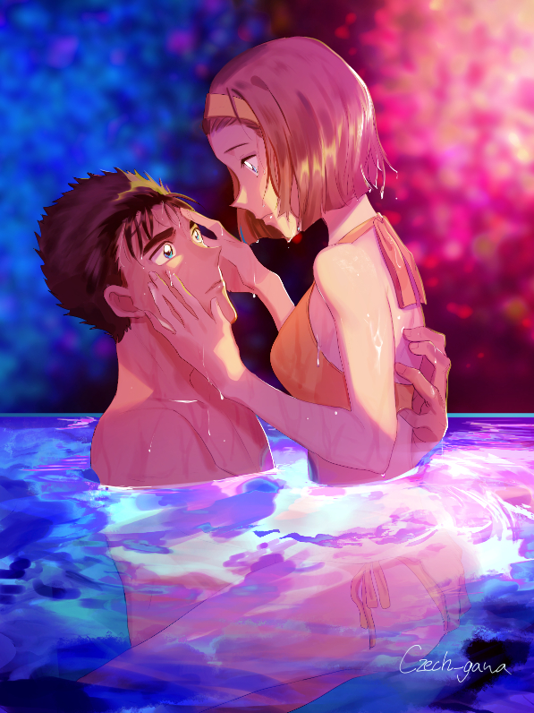 1boy, 1girl, artist_name, bikini, black_hair, blue_eyes, blurry, blurry_background, brown_hair, couple, czech_gana, eye_contact, fireworks, from_side, girl_on_top, hairband, halterneck, hetero, kyougoku_makoto, looking_at_another, meitantei_conan, partially_submerged, pool, shiny, shiny_hair, short_hair, shoulder_blades, side-tie_bikini, suzuki_sonoko, swimsuit, yellow_bikini, yellow_hairband
