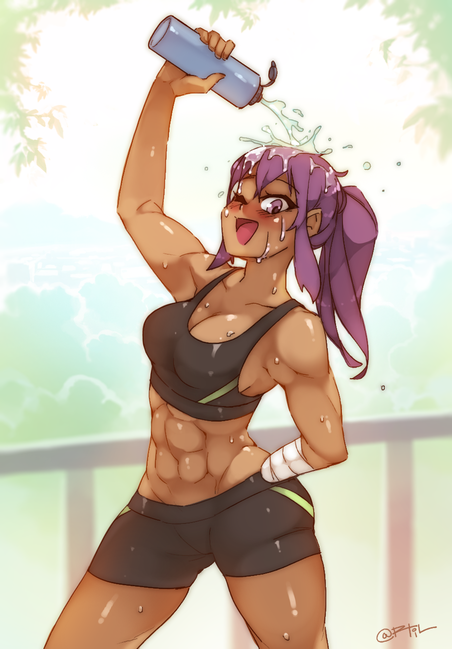 1girl, abs, amputee, belly, biceps, bike_shorts, blush, bottle