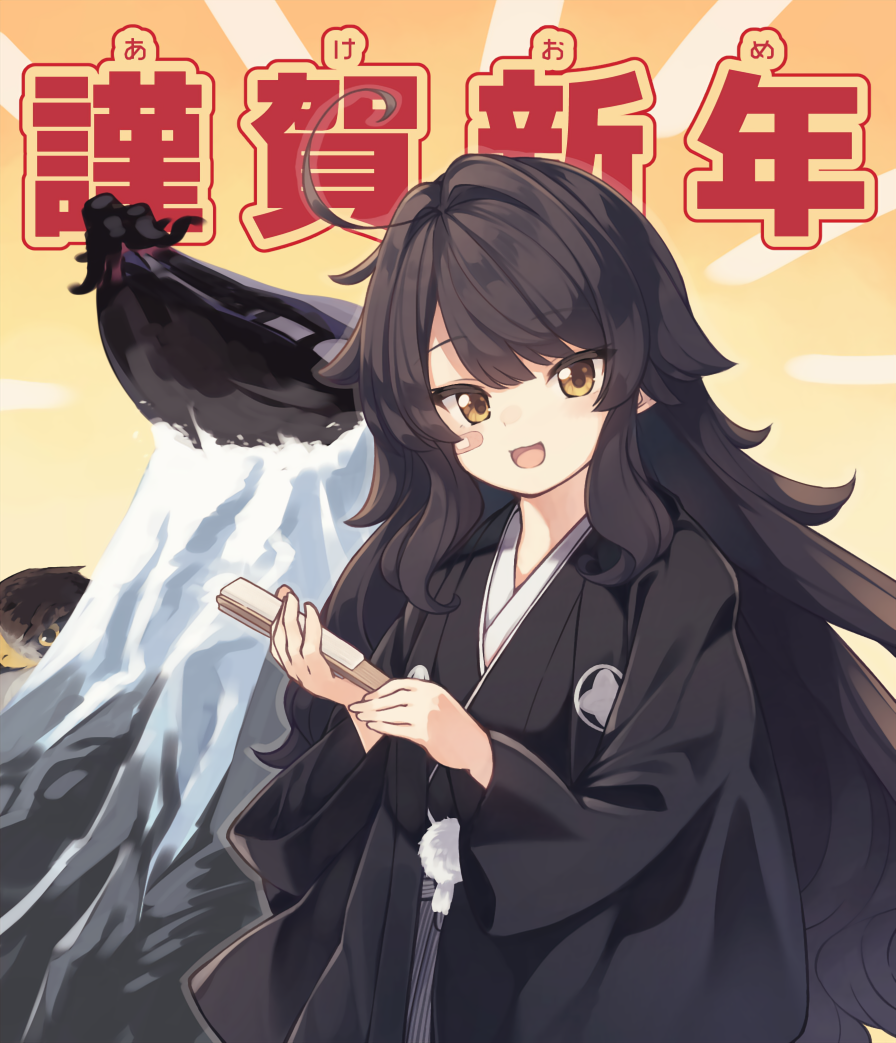 1girl, :d, ahoge, bandaid_on_cheek, bangs, bird, black_hair, black_kimono