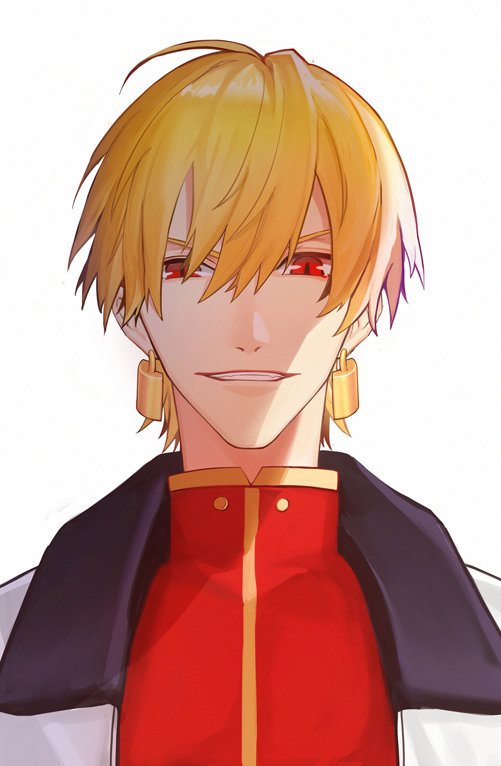 1boy, ahoge, bangs, blonde_hair, commentary_request, earrings, fate/stay_night, fate_(series)
