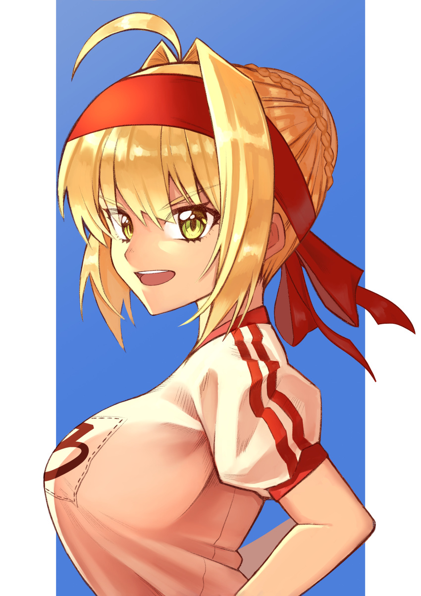 1girl, absurdres, ahoge, bangs, blonde_hair, blue_background, braid, breasts