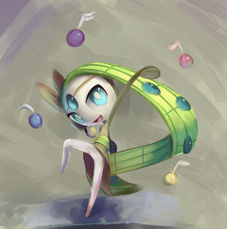 :d, blue_eyes, creature, dancing, full_body, gen_5_pokemon, green_hair, grey_background, happy, long_hair, meloetta, meloetta_(aria), musical_note, no_humans, open_mouth, pokemon, pokemon_(creature), smile, solo, the_boogie