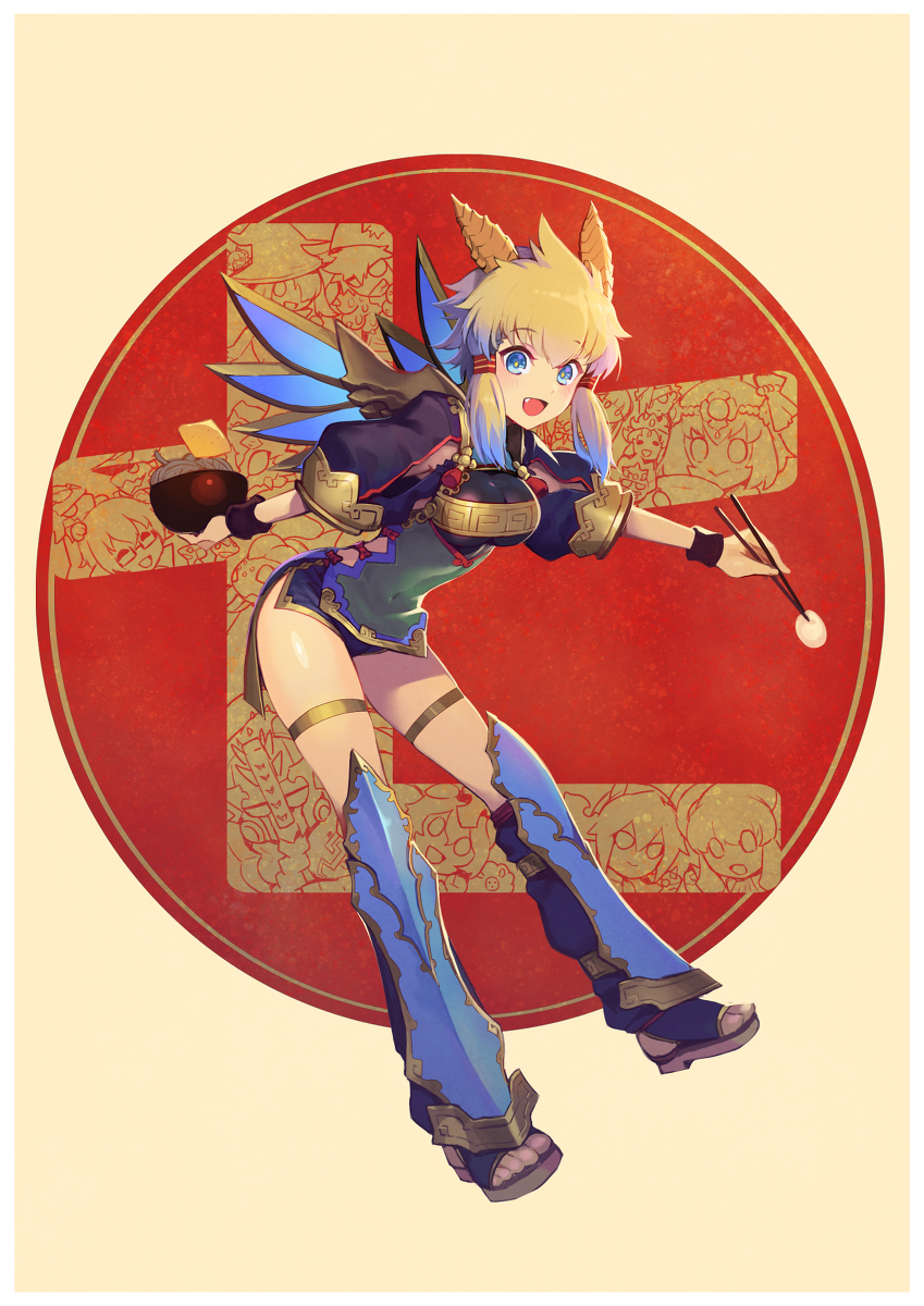 1girl, armor, bangs, bent_over, blonde_hair, blue_eyes, blue_hair, bowl, breasts, chopsticks, commentary_request, eyebrows_visible_through_hair, fang, highres, holding, holding_bowl, holding_chopsticks, horns, jacket, large_breasts, long_legs, multicolored_hair, navel, nkmr8, open_mouth, puffy_short_sleeves, puffy_sleeves, puzzle_&amp;_dragons, qilin_(p&amp;d), short_sleeves, sidelocks, smile, solo, two-tone_hair, wings