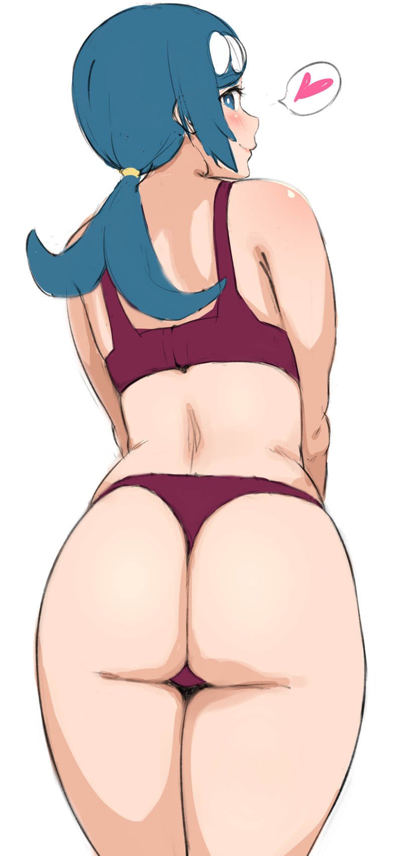 1girl, ass, blue_eyes, blue_hair, blush, bra, commentary_request, cowboy_shot, heart, highres, long_hair, looking_at_viewer, looking_back, mature, mhs, panties, pokemon, pokemon_(anime), pokemon_sm_(anime), ponytail, simple_background, sketch, solo, spoken_heart, suiren's_mother_(pokemon), thong, underwear, underwear_only, white_background