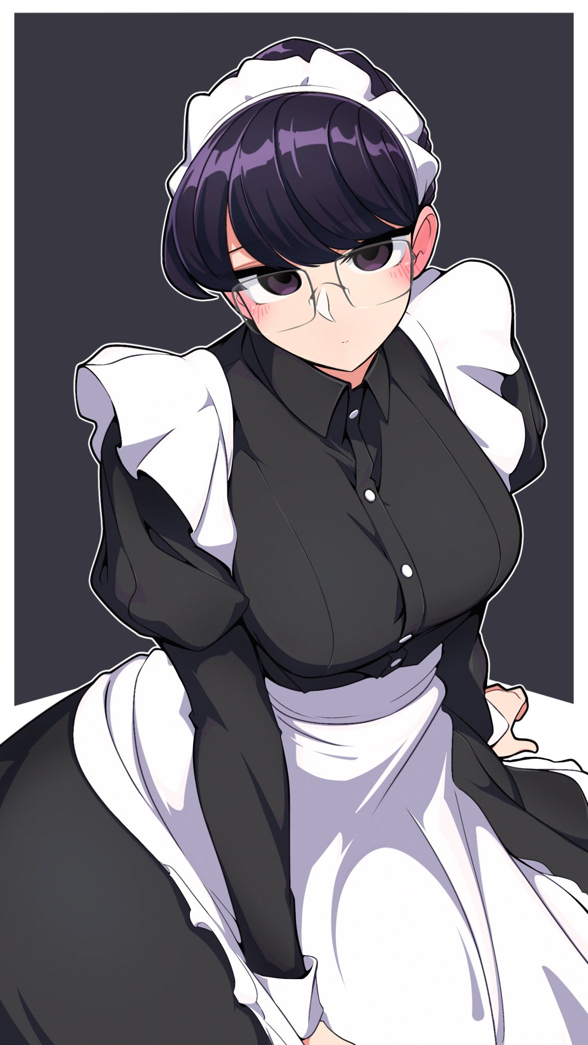 1girl, alternate_costume, apron, arm_between_legs, arm_support, black_background, blush, border, breasts, brown-eared_bulbul, degraded_ice, enmaided, expressionless, glasses, highres, komi-san_wa_komyushou_desu, komi_shouko, large_breasts, looking_at_viewer, maid, maid_apron, maid_headdress, outside_border, purple_hair, solo, white_border