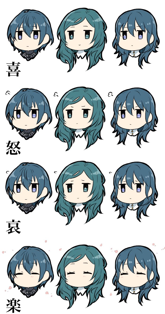 1boy, 2girls, bangs, blue_eyes, byleth_(fire_emblem), byleth_eisner_(female), byleth_eisner_(male), chibi, closed_eyes, expressionless, expressions, eyebrows_visible_through_hair, face, fire_emblem, fire_emblem:_three_houses, hair_between_eyes, head_only, highres, ijiro_suika, looking_at_viewer, medium_hair, mother_and_daughter, mother_and_son, multiple_girls, multiple_views, no_mouth, no_nose, parted_bangs, pout, sad, short_hair, simple_background, sitri_(fire_emblem), smile, sweatdrop, translated, white_background