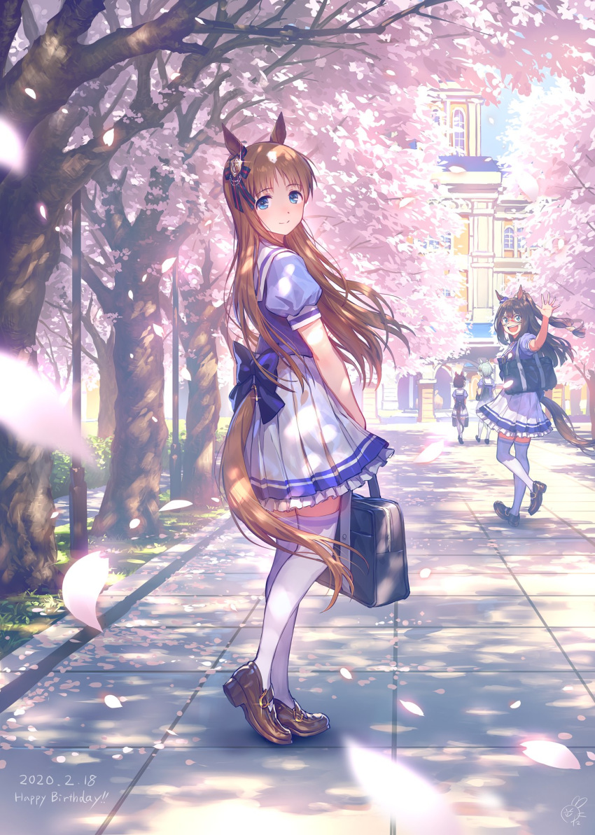 4girls, :d, animal_ears, back_bow, bag, blue_bow, blue_eyes, bookbag, bow, brown_hair, building, cherry_blossoms, commentary, dappled_sunlight, dated, domino_mask, el_condor_pasa, frilled_skirt, frills, from_side, full_body, grass_wonder, hair_ornament, happy_birthday, highres, holding, holding_bag, horse_ears, horse_tail, long_hair, looking_at_viewer, looking_back, mary_janes, mask, multiple_girls, nishino_flower, okada_manabi, open_mouth, outdoors, path, petals, pleated_skirt, puffy_short_sleeves, puffy_sleeves, school, school_uniform, seiun_sky, serafuku, shoes, short_sleeves, skirt, smile, sunlight, tail, thigh-highs, tree, umamusume, waving, white_legwear, zettai_ryouiki