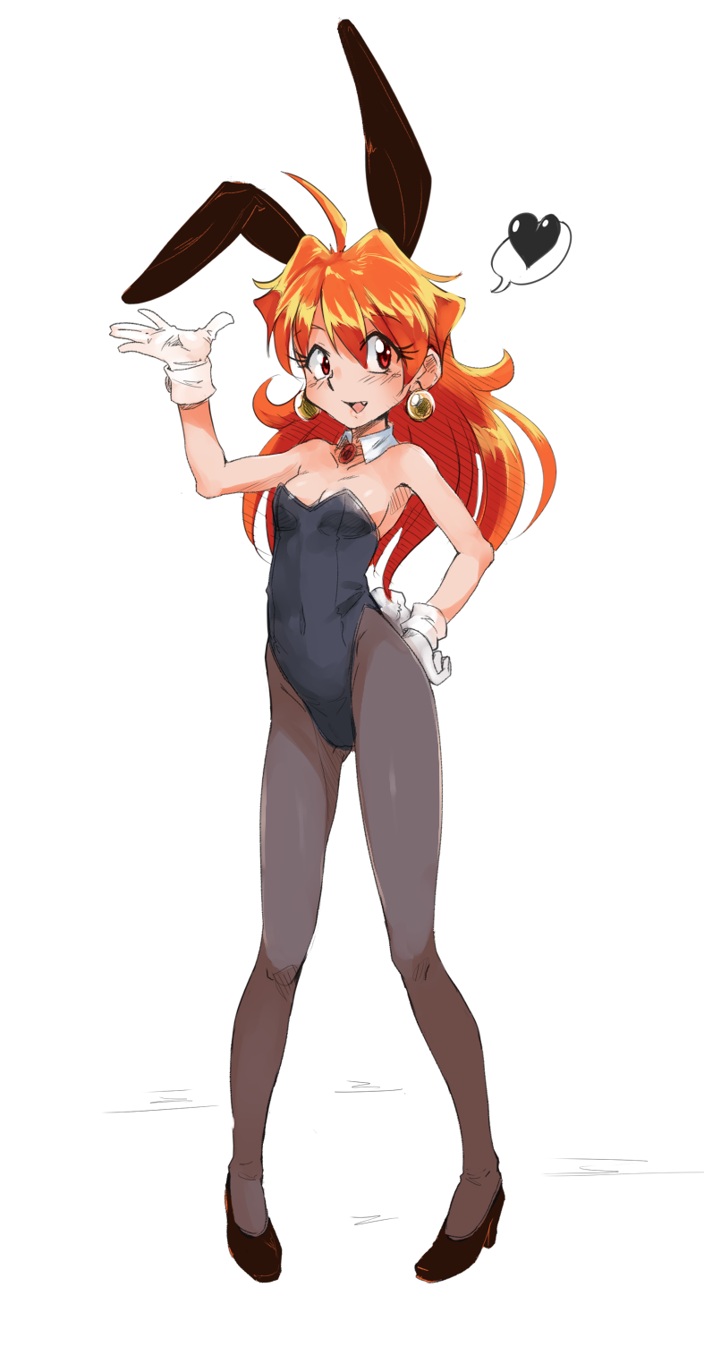 1girl, bichosan, blush, breasts, bunny_girl, bunnysuit, earrings, fang