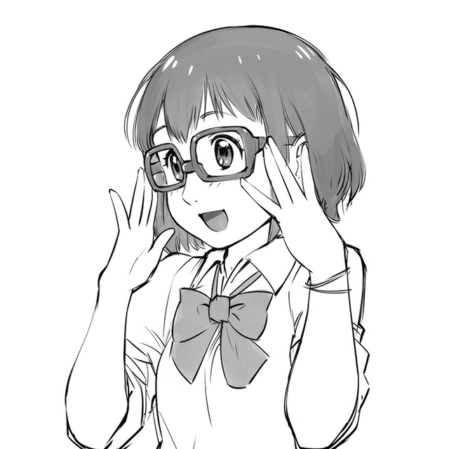 1girl, breasts, commentary_request, glasses, kurahashi_miho, monochrome, open_mouth, school_uniform