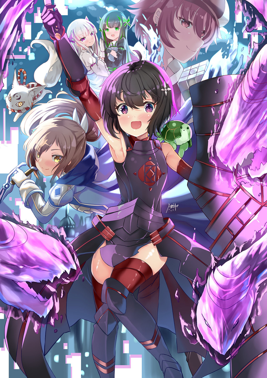 1boy, 4girls, :d, ahoge, animal, arm_up, armored_boots, armpits