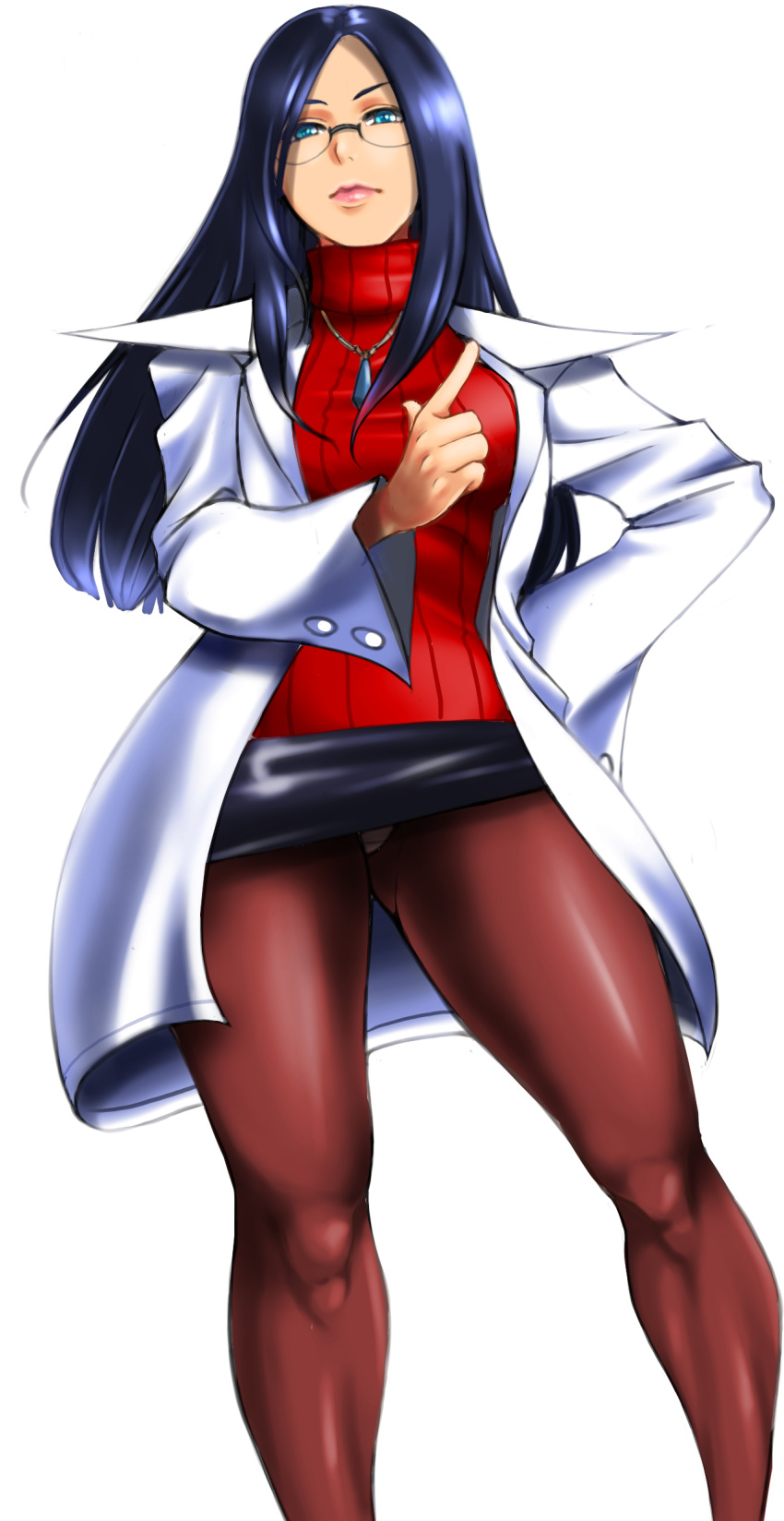 1girl, absurdres, aqua_eyes, black_hair, black_skirt, brown_legwear, commentary_request, glasses, hand_on_hip, highres, jewelry, labcoat, long_hair, minazuki_kyouko, necklace, panties, panties_under_pantyhose, pantyhose, pleasure-treasure, pointing, red_sweater, ribbed_sweater, rival_schools, simple_background, skirt, solo, sweater, turtleneck, turtleneck_sweater, underwear, white_background