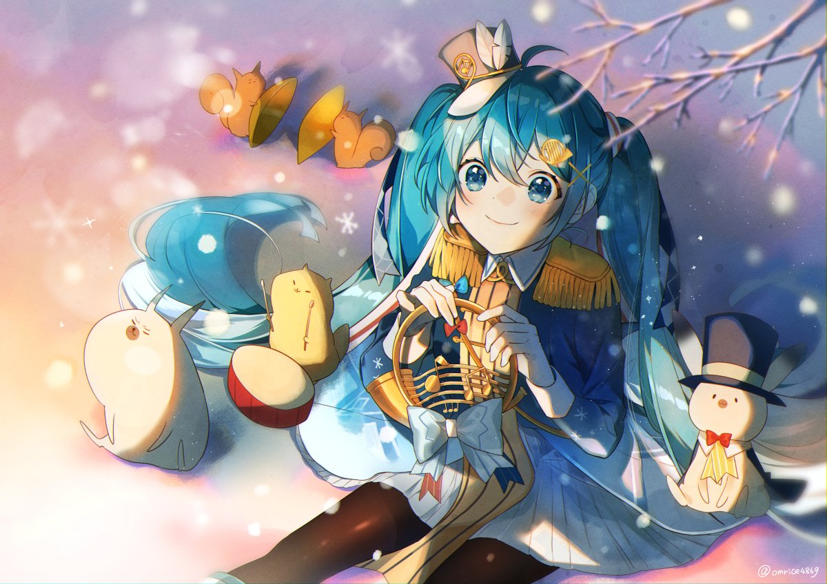 1girl, animal, aqua_eyes, aqua_hair, band_uniform, blue_jacket, blurry_foreground, bow
