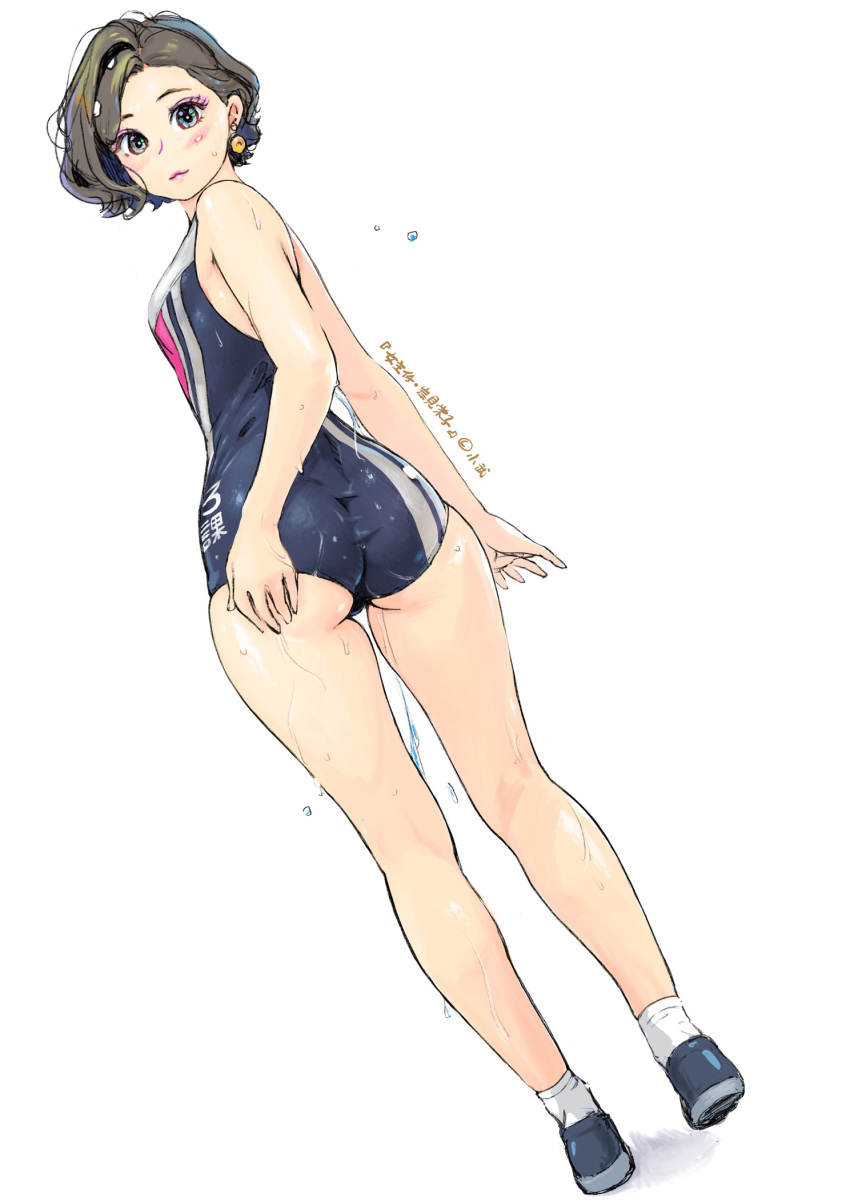 1girl, ass, blush, carina_(xiaowoo), competition_swimsuit, earrings, highres, jewelry
